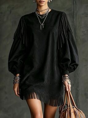 Fringe Detail Lantern Sleeve Mini Dress